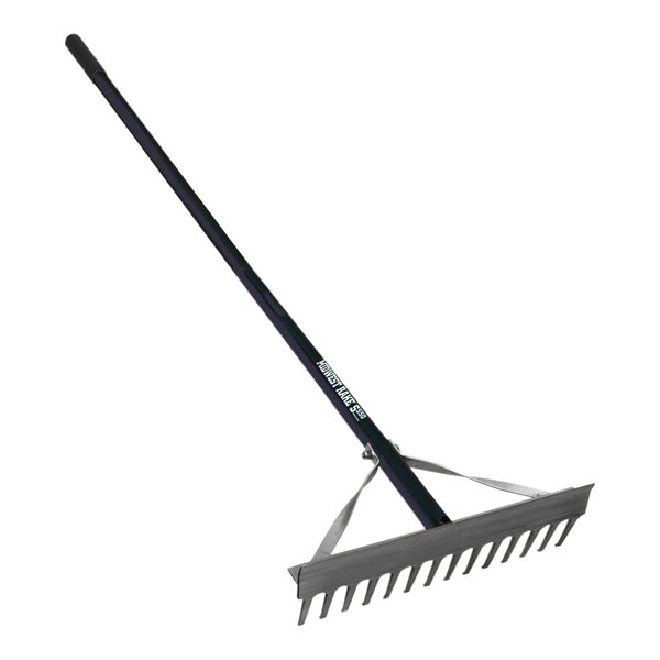A Seymour Midwest mini landscape rake with a long handle.