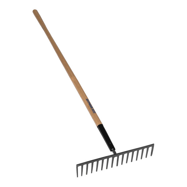 A Seymour Midwest stone rake with a long wooden handle with blue writing.