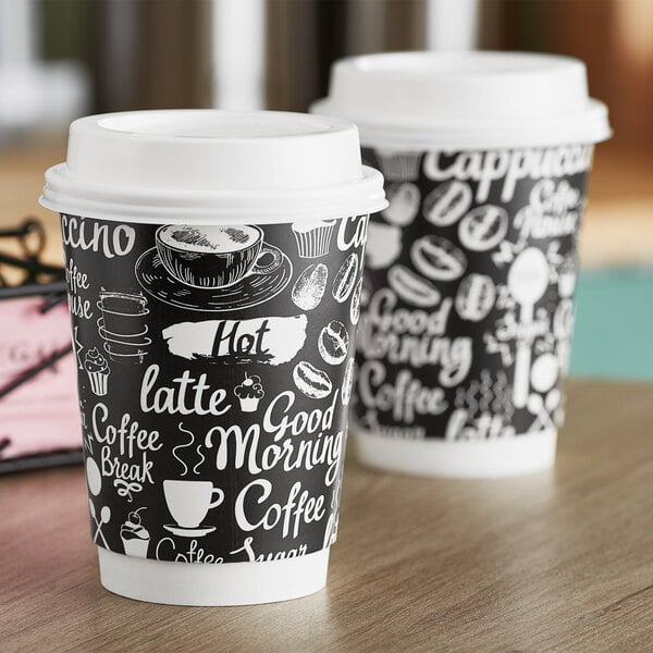 Choice double wall paper coffee cups with coffee designs on them and a white lid.
