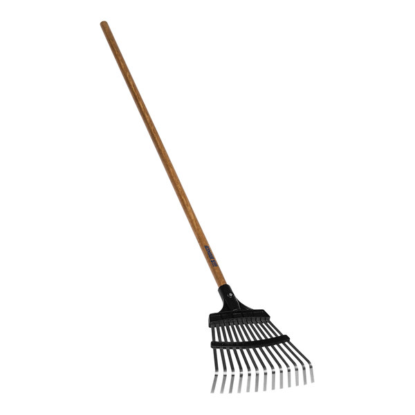 A Seymour Midwest Pro-Flex leaf rake with a wooden handle and black grip.
