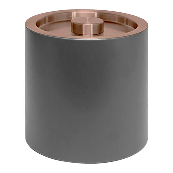 A black faux leather Room360 London ice bucket with a rose gold lid.