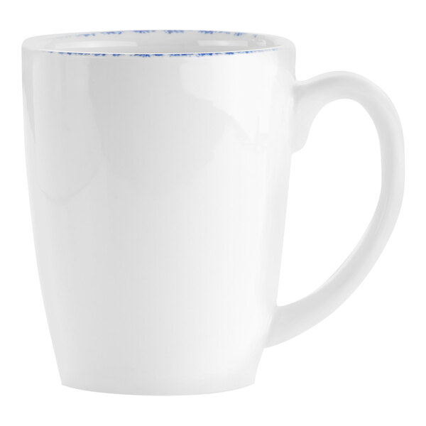 A white mug with blue trim.