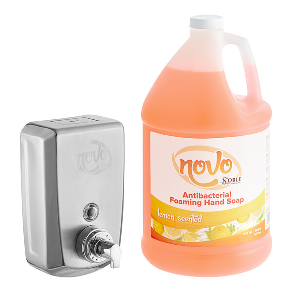 Novo 40 fl. oz. (1200 mL) Stainless Steel Surface Mounted Foaming Soap / Sanitizer Dispenser with Antibacterial / Sanitizing Hand Soap
