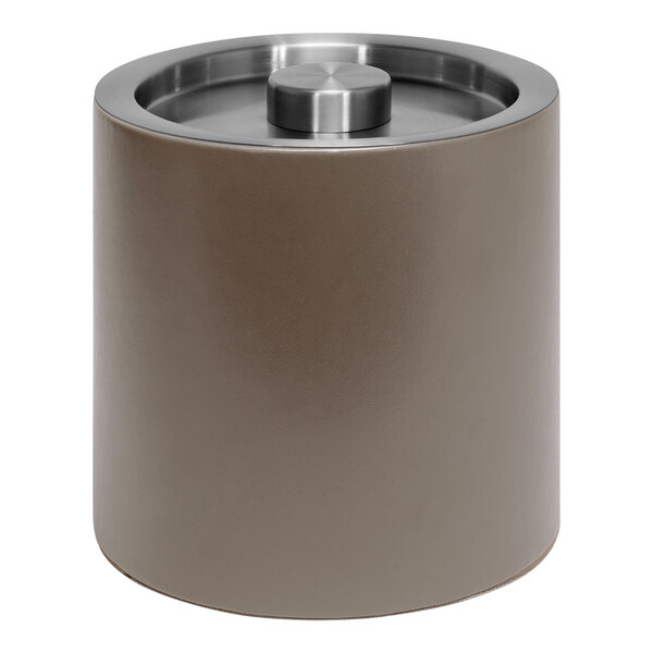 A round metal Room360 ice bucket with a round top.
