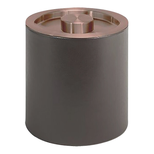 A brown metal cylinder with a rose gold lid.