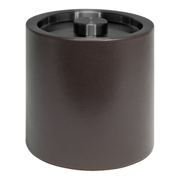 A Room360 London brown faux leather ice bucket with a round black lid.