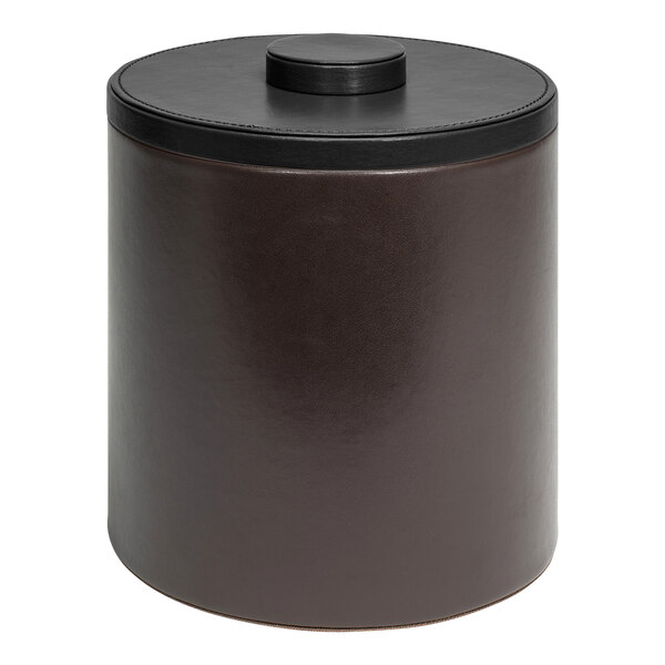 A round brown Room360 ice bucket with a black lid.