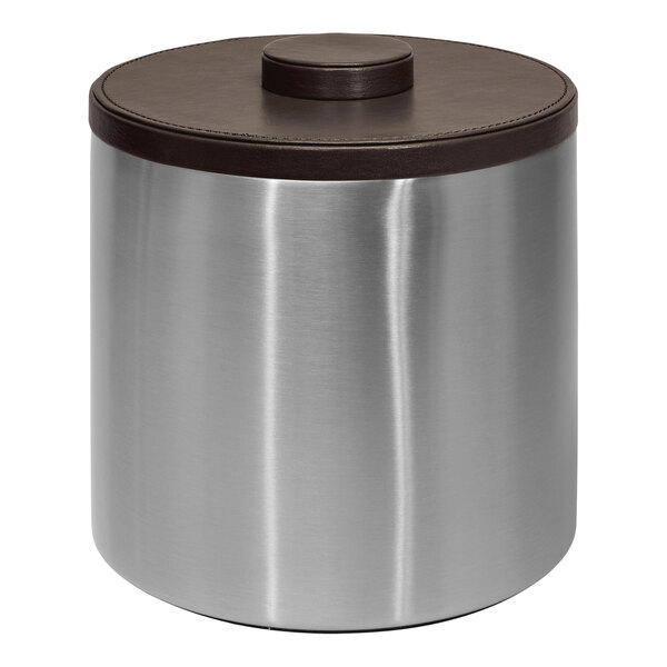 A silver stainless steel Room360 ice bucket with a brown lid.
