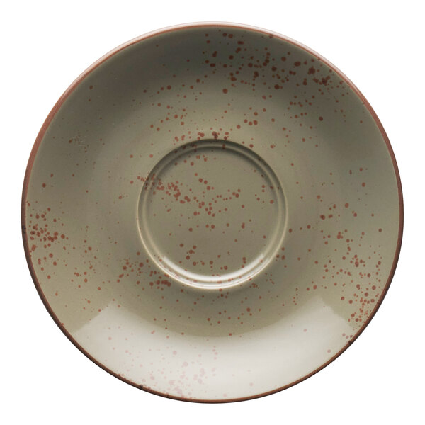 A brown and green speckled International Tableware saucer with a rim.