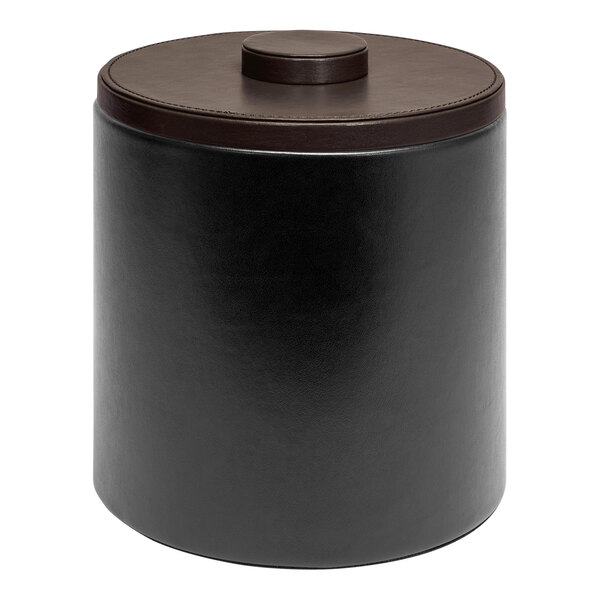A black cylindrical Room360 ice bucket with a brown lid.