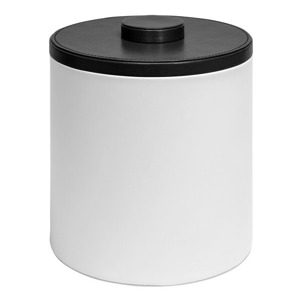 A Room360 London white ice bucket with a black lid.