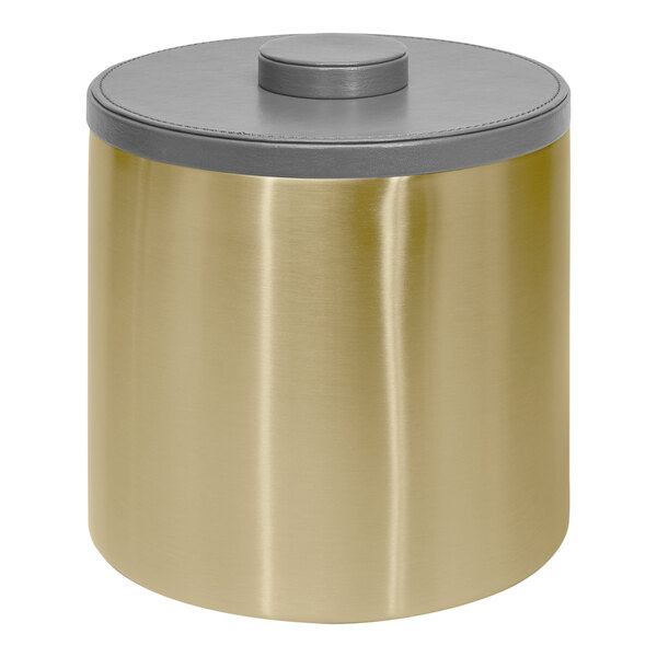 A Room360 matte brass stainless steel ice bucket with a smoke grey lid.