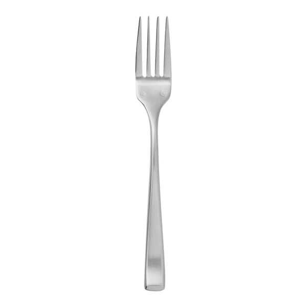 A silver fork with a black top on a white background.