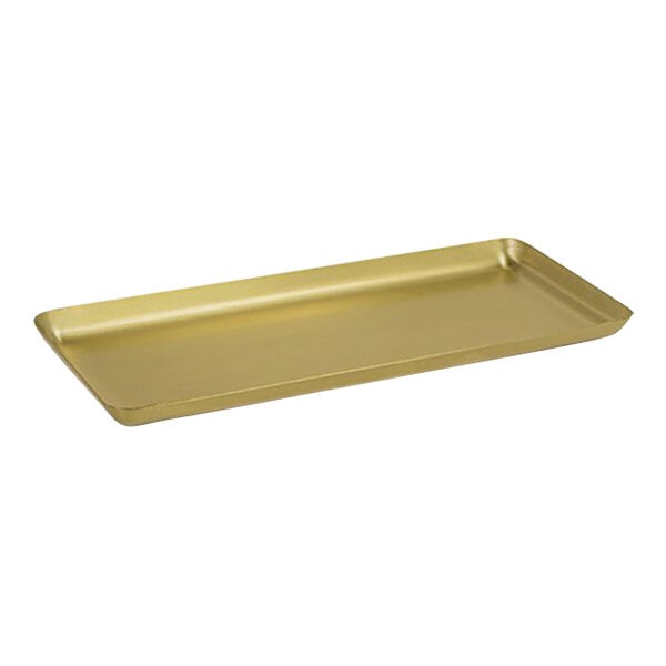 A Room360 Asheville gold rectangular tray.