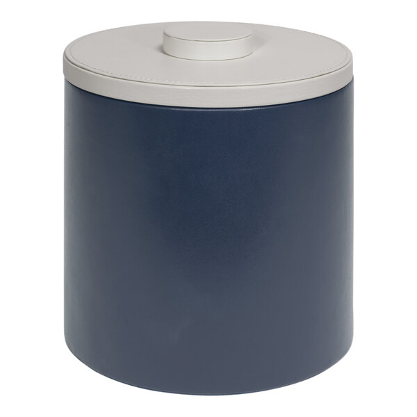 A navy blue Room360 ice bucket with a white lid.