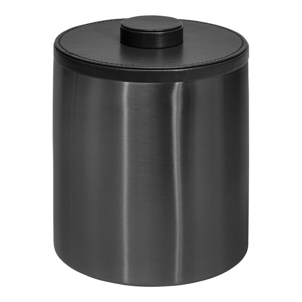 A matte black stainless steel Room360 London ice bucket with a black lid.