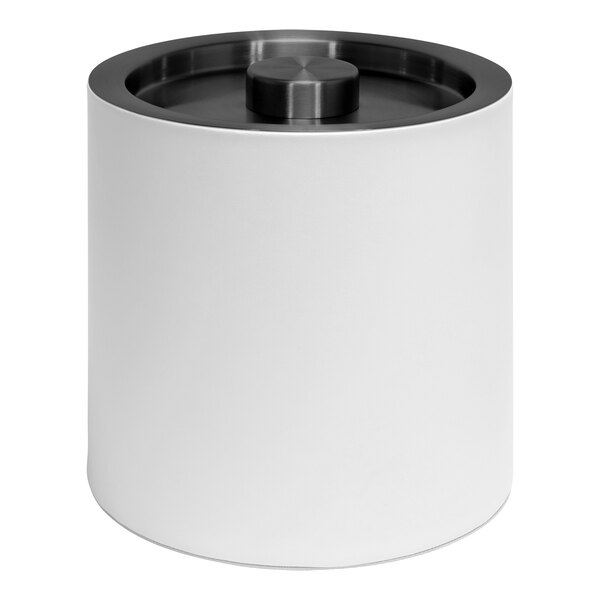 A white cylindrical Room360 ice bucket with a matte black lid.