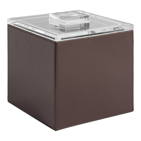 A brown faux leather square ice bucket with a clear lid.