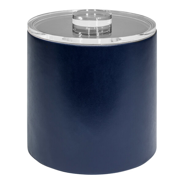 A navy blue Room360 ice bucket with clear lid.