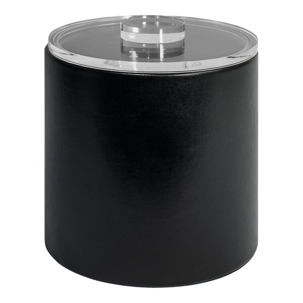A black Room360 ice bucket with a clear lid.