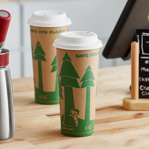 Two EcoChoice paper cups with tree print designs on them.
