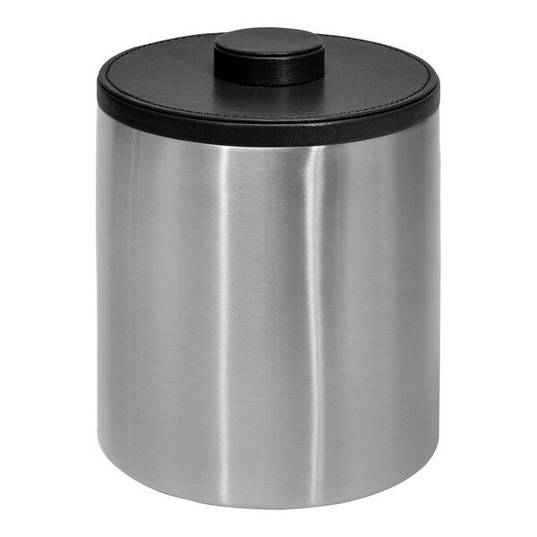 A silver stainless steel Room360 ice bucket with a black lid.