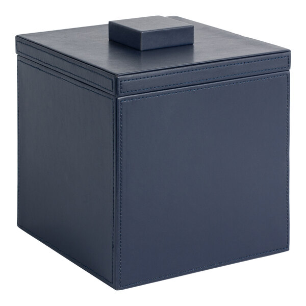 A navy blue faux leather ice bucket with a navy lid.