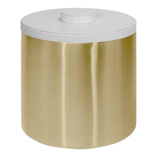 A gold stainless steel container with a white lid.