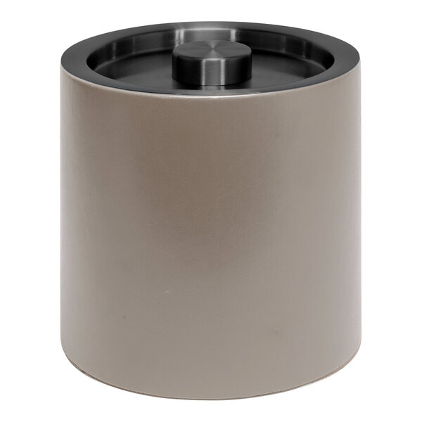 A round metal Room360 ice bucket with a matte black lid.