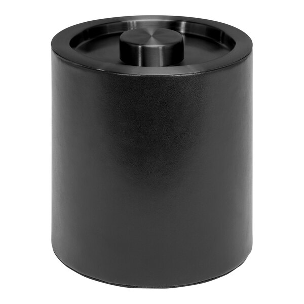 A black faux leather ice bucket with a matte black lid.