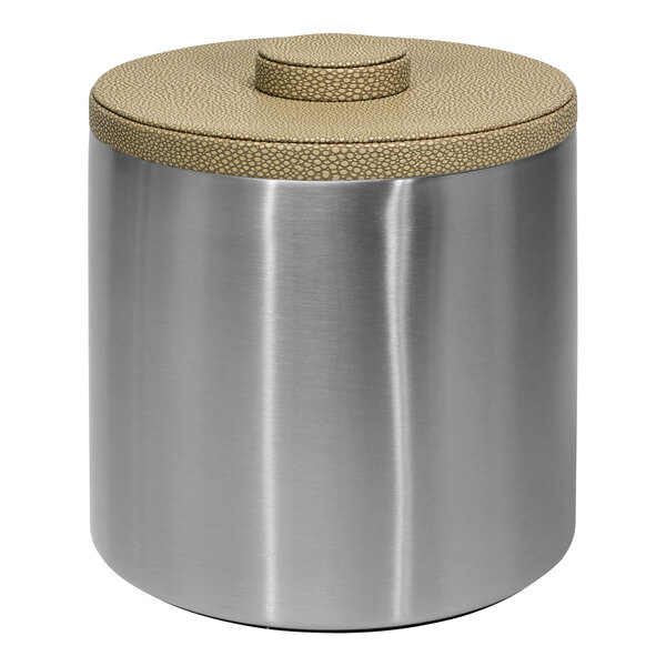 A silver stainless steel Room360 ice bucket with a tan faux shagreen lid.