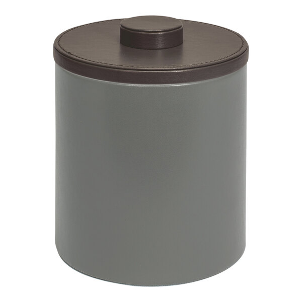 A Room360 London grey faux leather ice bucket with a brown lid.