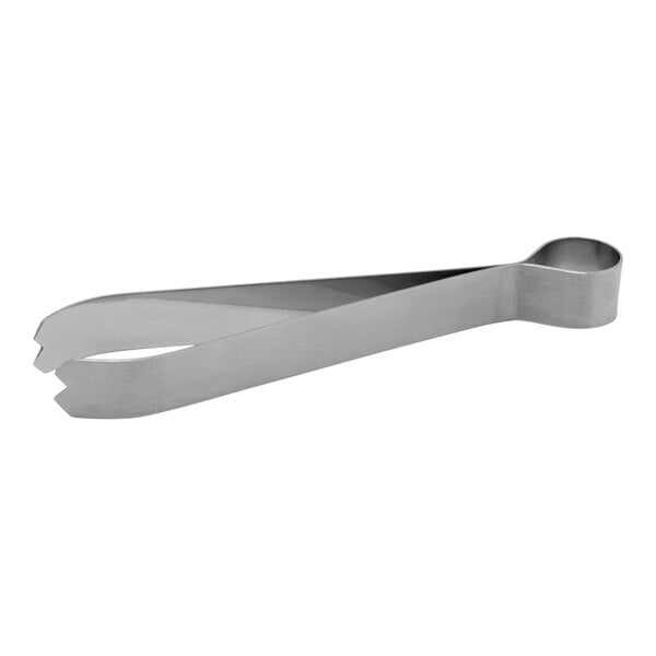 Room360 silver brushed stainless steel ice tongs with a curved end.