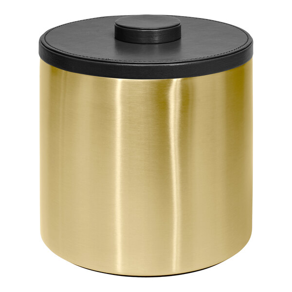 A gold stainless steel Room360 ice bucket with a black lid.
