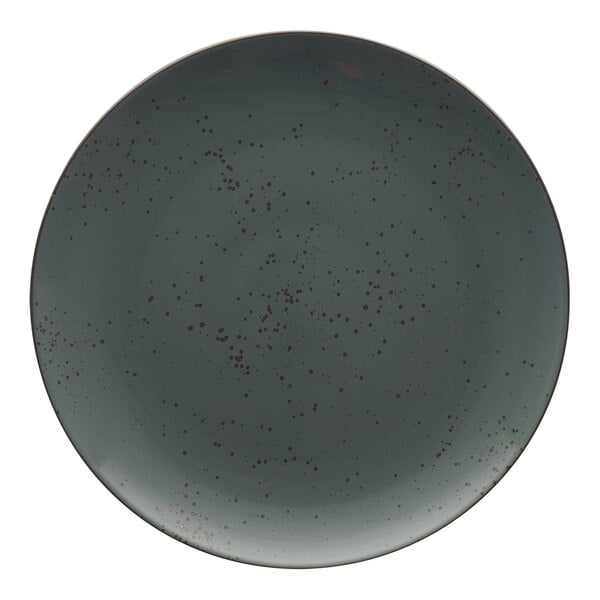 A grey International Tableware stoneware coupe plate with brown specks.