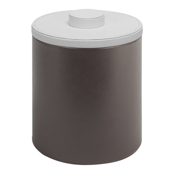 A round brown Room360 London ice bucket with a white lid.