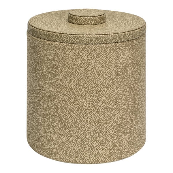 A round beige Room360 ice bucket with a lid.