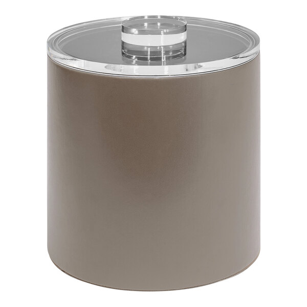A Room360 London faux leather ice bucket with a clear lid.