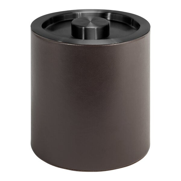A brown faux leather ice bucket with a matte black lid.