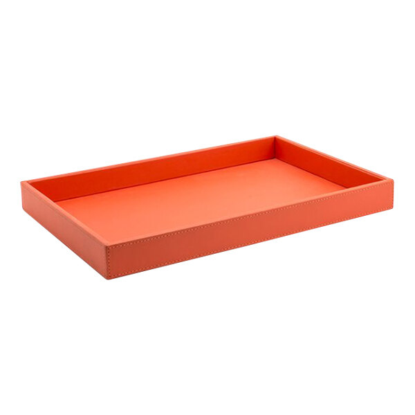 A rectangular orange faux leather Room360 London tray with a long rectangular handle.
