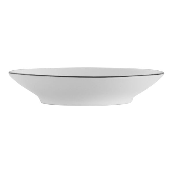 A white bowl with a black line around the rim.