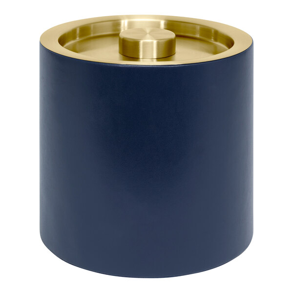 A navy and gold metal ice bucket with a round top lid.