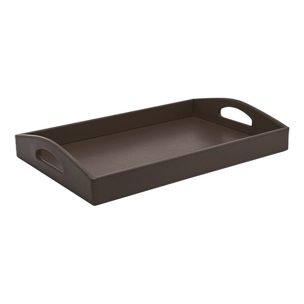 A brown rectangular Room360 tray with handles.