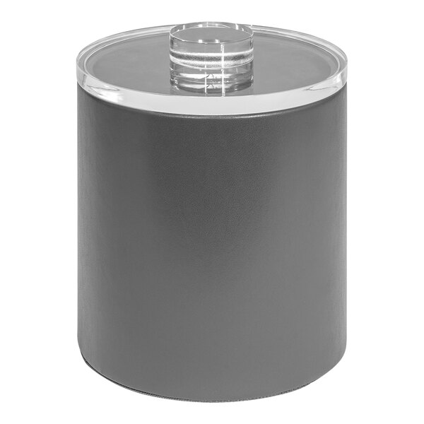 A grey cylindrical ice bucket with a clear lid.