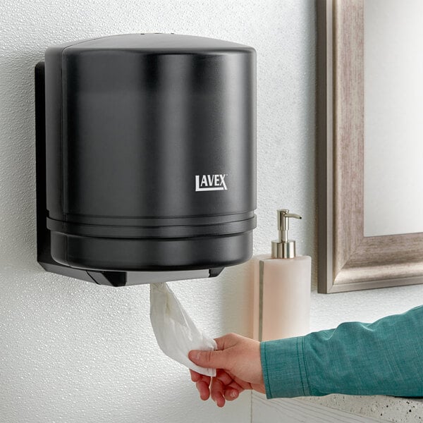 Lavex Translucent Black Self-Adjusting Center Pull Paper Towel Dispenser with 6 Paper Towel Rolls