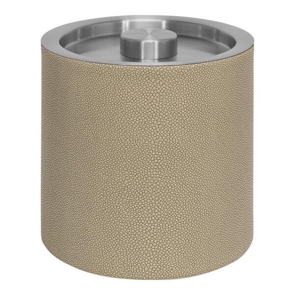 A beige cylindrical Room360 ice bucket with a silver lid.