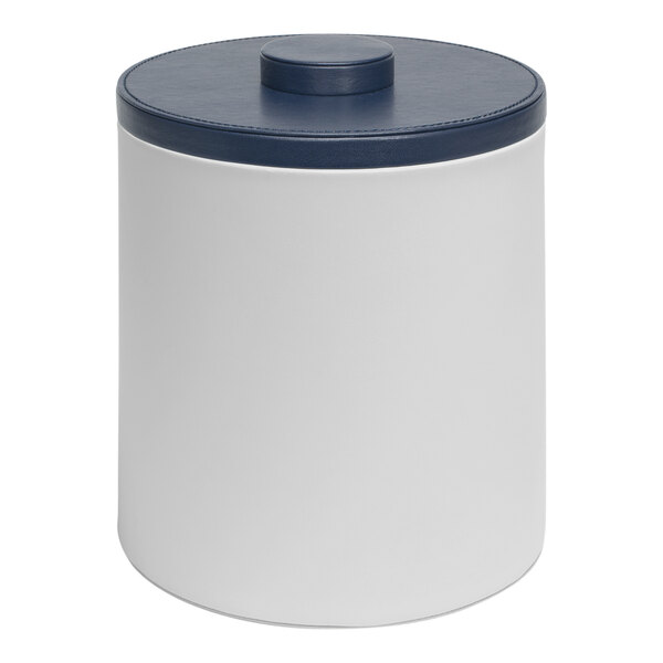A white Room360 ice bucket with a navy lid.