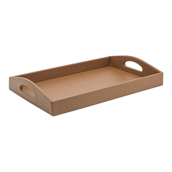 A brown rectangular Room360 London faux leather tray with handles.