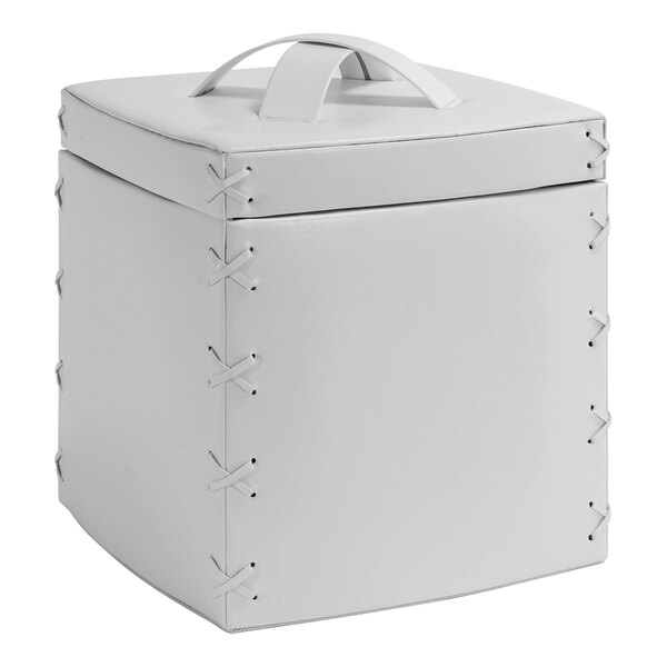 A white square faux leather ice bucket with a handle.