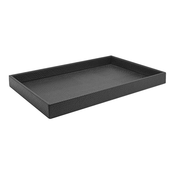 A Room360 black rectangular faux pandan tray with a handle.